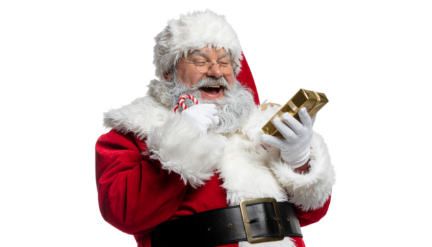 Santa claus in a red suit with a white beard happily holding a gift while enjoying a candy cane, ready for compositing
