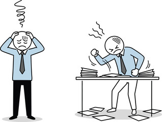 Frustrated businessman overwhelmed by work and stress depicted in a simple line drawing style with two contrasting emotional states