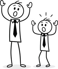 Two stick figures in business attire with wide eyes and open mouths arms raised in shock or surprise conveying panic
