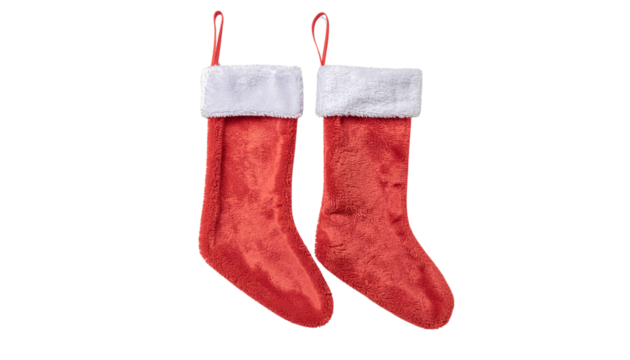 Two red christmas stockings with white cuffs hanging side by side on a white background png with transparency