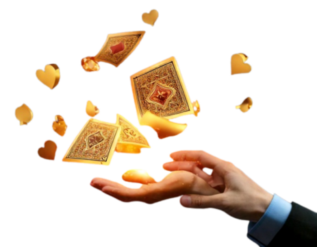 3D Rendered Poker Hand with Glowing Golden Elements and Floating Cards, PNG Transparent