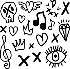 Collection of hand drawn doodle icons including a skull hearts musical notes crowns and an eye
