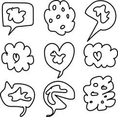 Collection of hand drawn speech bubbles and abstract shapes with doodle elements inside