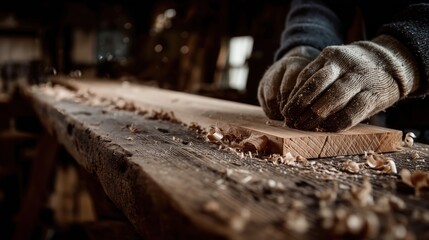 Wooden plank being smoothed by gloved hands in rustic workshop — woodworking detail
