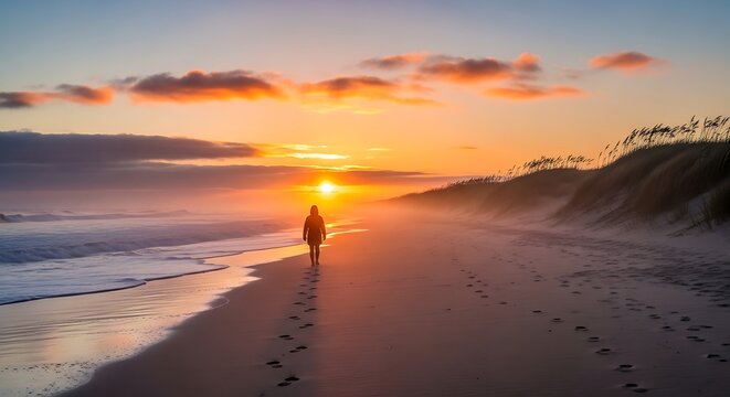 Lone figure walks on sandy beach at sunset with ocean waves and colorful sky