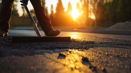 Asphalt driveway being smoothed by worker using rake at golden hour — residential paving