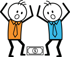 Two cartoon stick figures expressing shock and disbelief over a single dollar bill on the ground