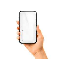 female hand holding smartphone with blank cut out screen isolated on white or transparent png	

