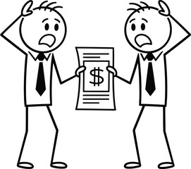 Two distressed stick figure businessmen holding a bill with a dollar sign expressing shock and concern over financial problems