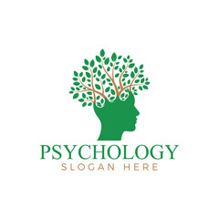 Obraz premium Psychology logo with tree in head brain tree logo design mental health, mind and awareness vector concept psychologist logo