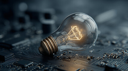 Glowing filament lamp resting on a circuit board, expressing innovation, invention, and the spark of ideas driving engineering, product development, and technological progress.

