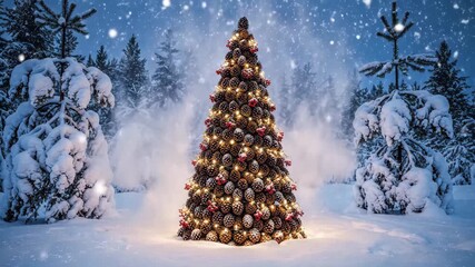 peaceful pine forest holiday ambiance, serene snowy woods with christmas lights under twilight sky, calm winter landscape featuring illuminated pine trees and softly falling snow during dusk. - Powered by Adobe