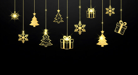 Sparkling golden Christmas ornaments including trees, snowflakes, and gifts glitter beautifully against a dark background, perfect for festive celebrations.