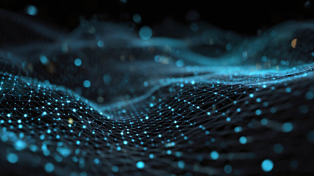 Abstract futuristic digital landscape with glowing particles, representing a network or data flow - Powered by Adobe