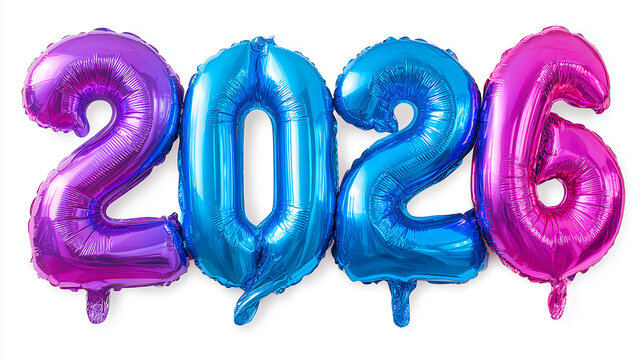 Foil number balloons forming 2026, celebrating the new year and marking milestones for events, promotions, announcements, and festive branding.
