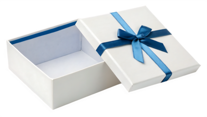 Open white gift box with a blue ribbon bow, empty cut out on PNG. AI GENERATED.
