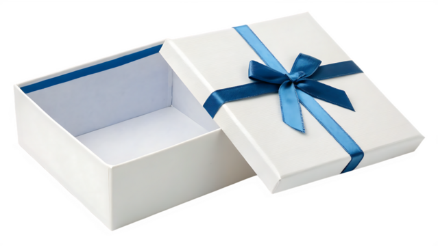 Open white gift box with a blue ribbon bow, empty cut out on PNG. AI GENERATED.
