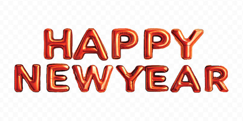 abstract 3d Happy New Year text effect made by different color foil balloons isolated on transparent background