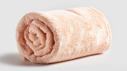 A soft peach blanket is tightly rolled, showcasing its plush texture. This cozy accessory is ideal for adding warmth and style to any living space or bedroom.