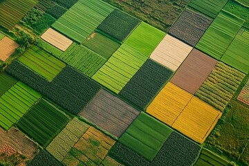 Aerial view of colorful farmland with neatly arranged plots