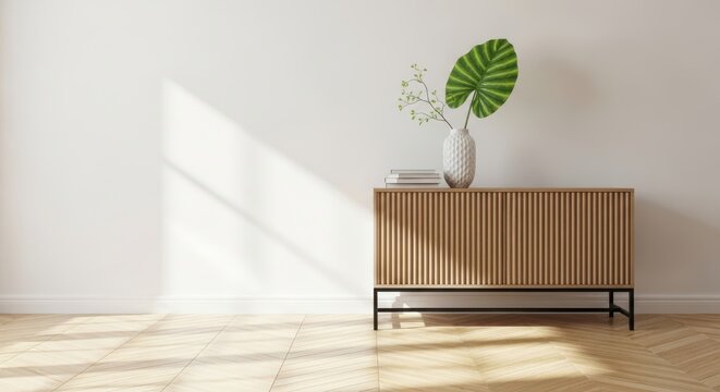 Minimalist interior design with a wooden sideboard and a large green leaf in a vase, bathed in natural sunlight casting shadows on the wall and floor - Powered by Adobe