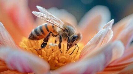 Honey bee diligently collects pollen from the glowing center of a soft pink and orange blossom showcasing natural insect habitat and spring pollination - Powered by Adobe
