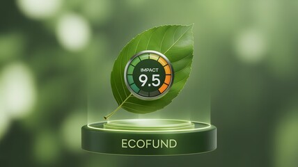 'Eco Fund' concept with a vibrant green leaf holding a glowing sphere displaying an 'Impact 9.5' score, symbolizing high-rated sustainable investment and environmental technology.