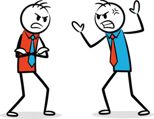 Two angry stick figure businessmen arguing aggressively with raised fists and shouting expressions on white background