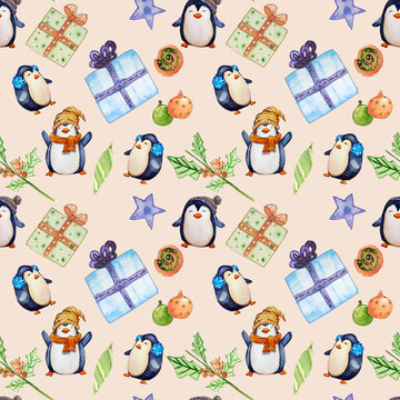Pattern con graziosi pinguini e decorazioni natalizie, illustrazione ad acquerello su sfondo chiaro