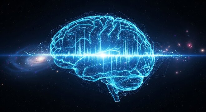 Abstract digital blue brain with glowing neural network connections