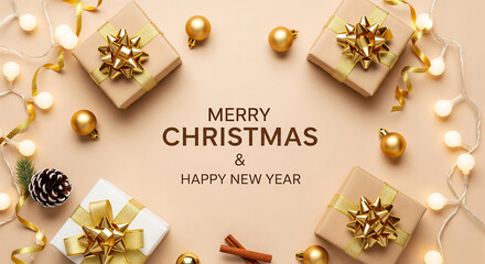Elegant Christmas and New Year's greetings with beautifully wrapped gifts, golden ornaments, and warm fairy lights creating festive cheer