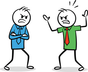 Two angry stick figures arguing with each other one with arms crossed and the other with hands raised in frustration