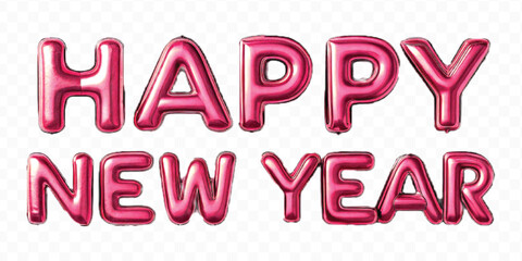 abstract 3d Happy New Year text effect made by different color foil balloons isolated on transparent background