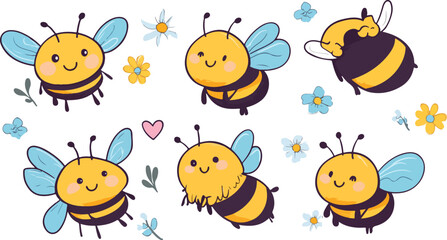 Fototapeta premium A cute cartoon set of funny insect characters featuring bees, ladybugs, and butterflies is a great vector illustration design