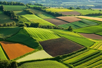 Aerial view of agricultural fields with varying shades of green and brown