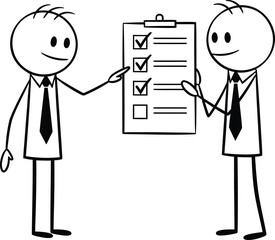 Two businessmen in suits and ties reviewing a checklist on a clipboard one pointing to a completed item