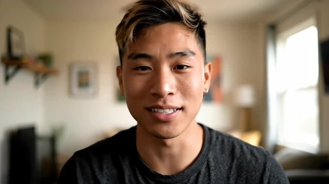 Expressive Asian male showing joyful and contemplative emotions in casual indoor setting through multiple video frames capturing smile and serene