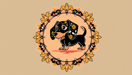 Black Dachshund adorned with floral details within a decorative mandala.