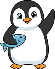 Obraz premium Cute baby penguin holding a fish, friendly cartoon mascot vector illustration