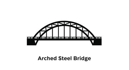 A simple black and white illustration of an arched steel bridge structure