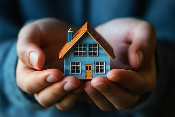Hands holding a small house model with a warm, inviting appearance