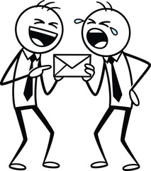 Two cartoon stick figures in business attire laughing hysterically while holding an envelope together in a humorous illustration