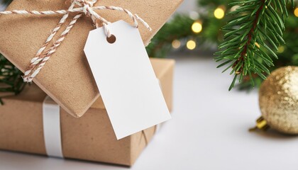 Blank white gift tag or label with christmas gift box, copy space, christmas or new year holidays decoration