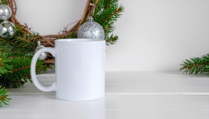Christmas mockup one white empty tea mugs on a white table and branches of a Christmas tree wreath. Cup template for your design, logo with copy space. New Year