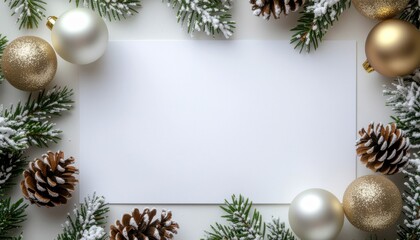 Festive Holiday Mockup with Blank Card, Pinecones, Snow-Dusted Pine Branches, and Glittering Ornaments – Perfect for Christmas or New Year Invitations
