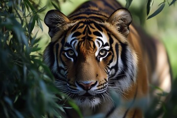 Tiger standing in the wild, staring directly into the camera