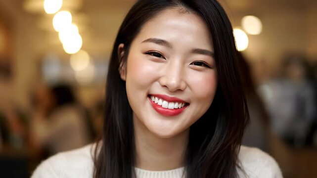 Vibrant portrait collection of a young woman capturing joyful expressions in warm indoor lighting with varied angles and smiling face close-ups