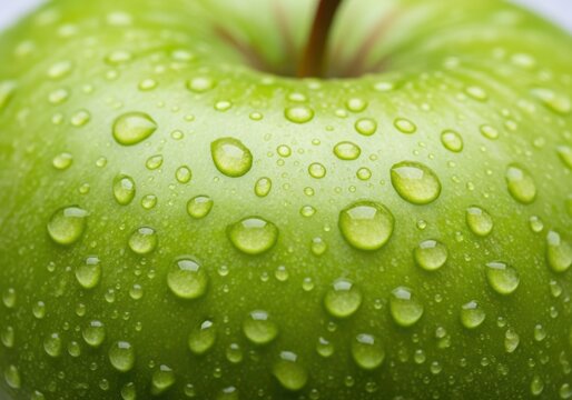 Closeup of a fresh green apple covered in water droplets, highlighting its texture