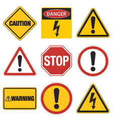 A collection of warning and danger signs, including caution, stop, and electrical hazard symbols, isolated on a transparent png background.