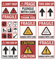 Collection of fragile and caution shipping labels and symbols, isolated png, transparent background, perfect for packaging and logistics.